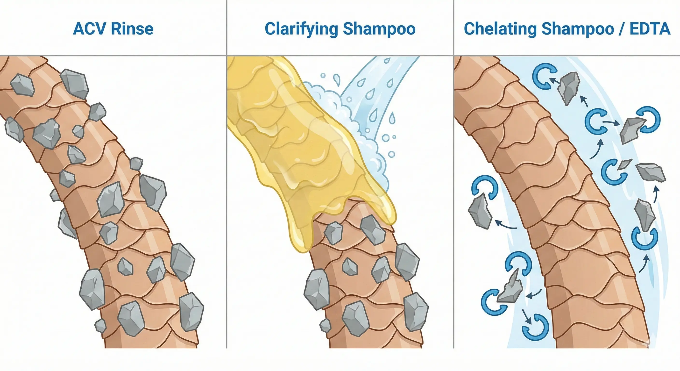 Difference between ACV rinse, clarifying shampoo, and chelating shampoo for hair