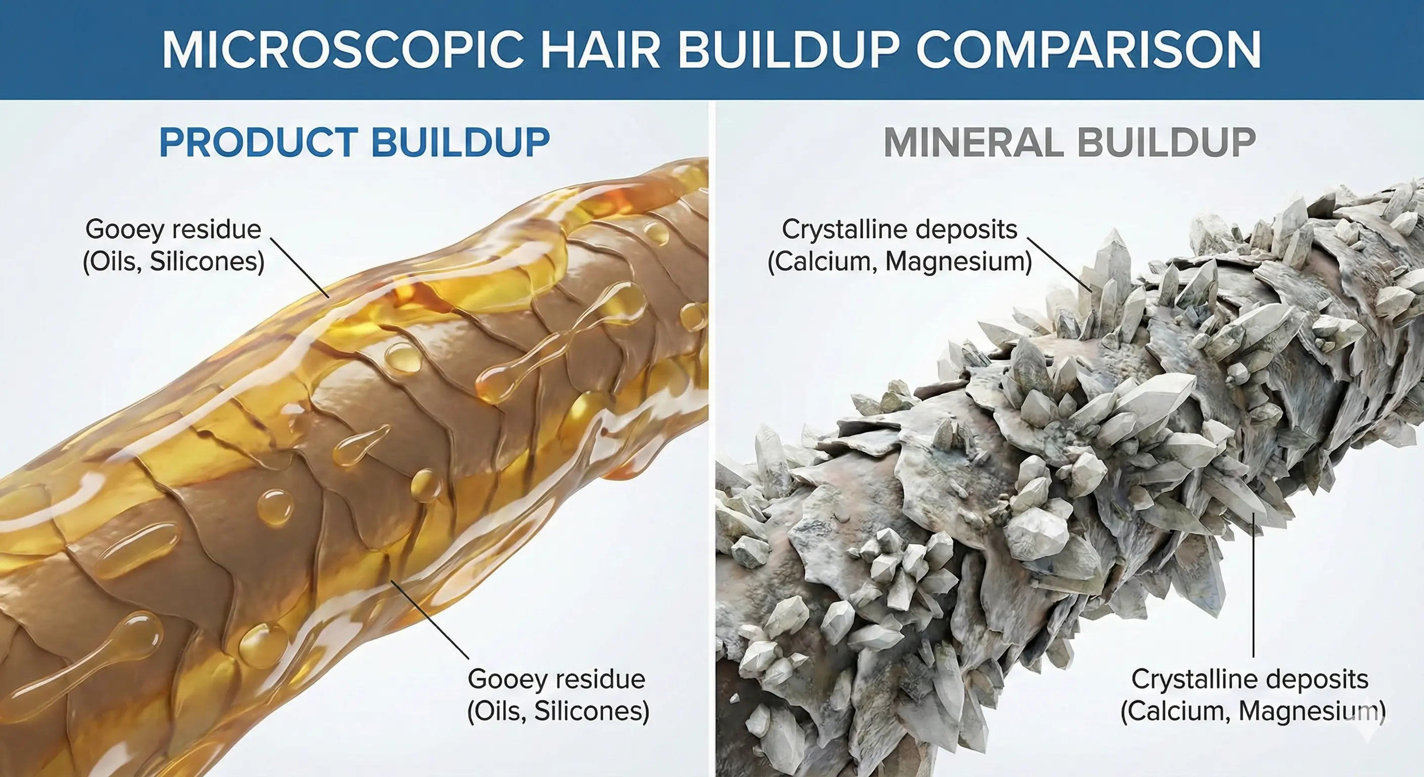 Hard water mineral buildup vs product buildup on hair comparison