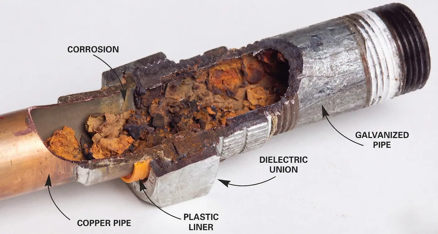 Cross section of old galvanized pipe with heavy mineral buildup and rust inside apartment plumbing