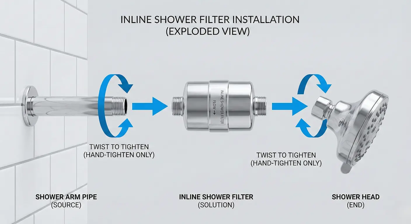 Diagram showing how to install an inline shower filter by hand without tools