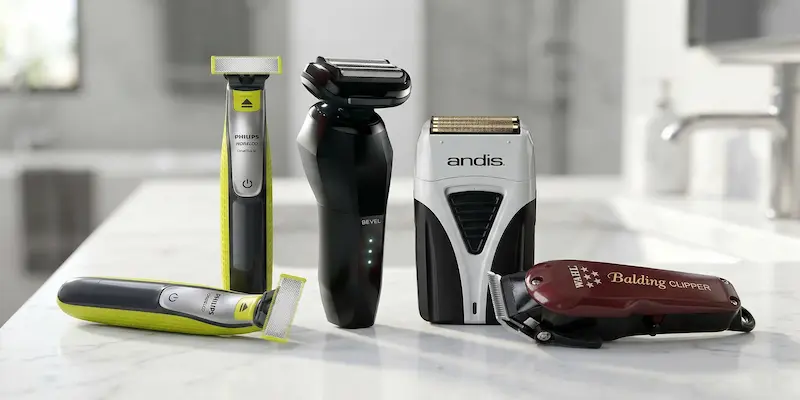 Electric shaver for acne-prone sensitive skin — foil shaver next to clear vs irritated skin comparison