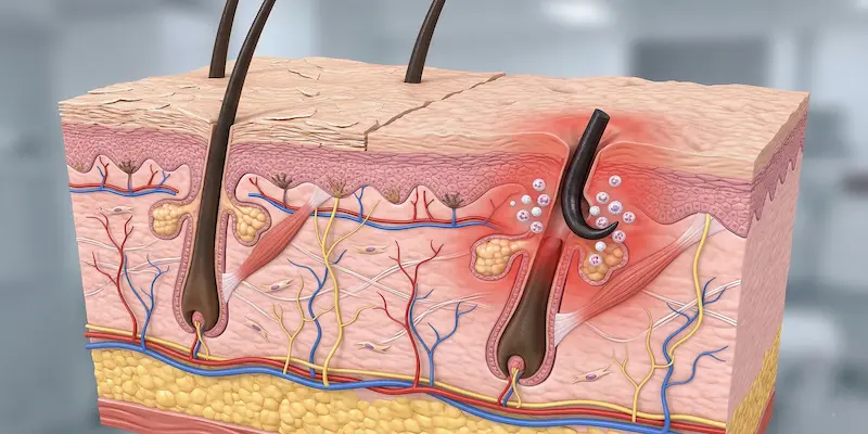 How ingrown hairs form after shaving — cross-section diagram showing hair cut below skin level curling back into follicle