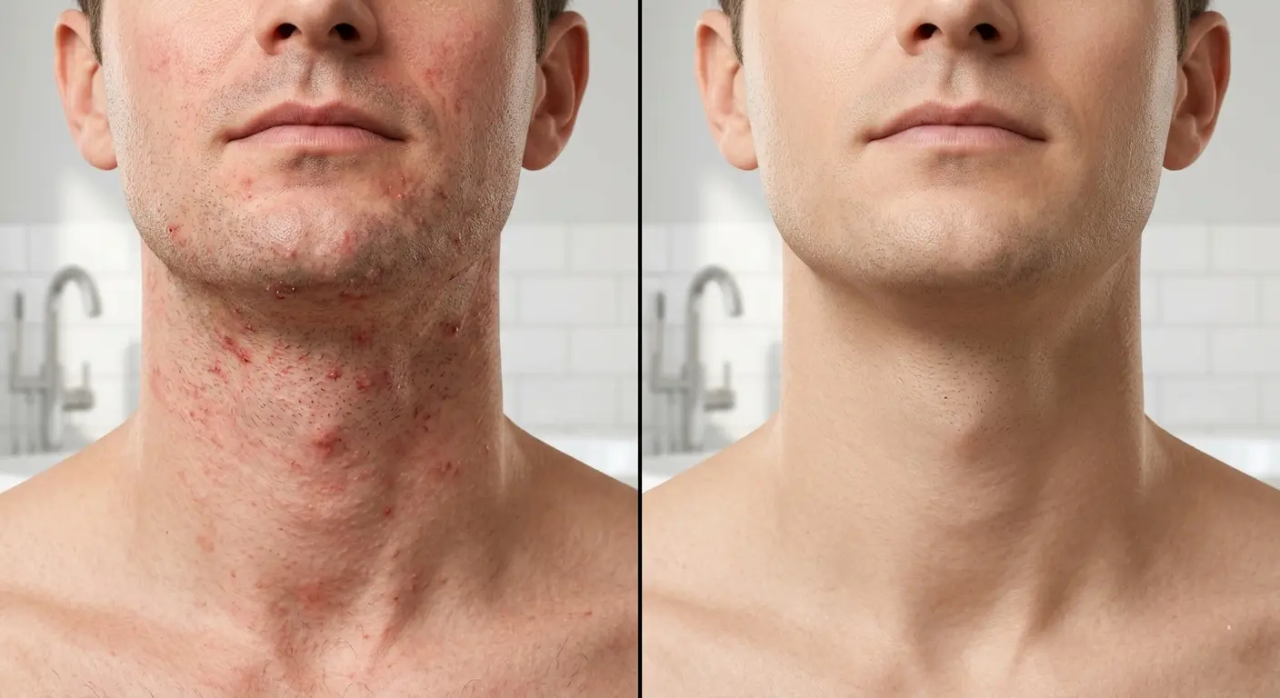 Neck shaving before and after — split comparison showing red irritated neck skin vs smooth post-shave result