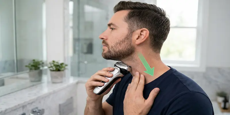 Shaving neck with grain vs against grain technique — direction arrows showing recommended stroke paths on neck anatomy
