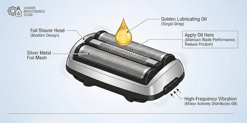 Lubricating electric razor head — Illustration showing single oil drop applied to foil surface before running shaver