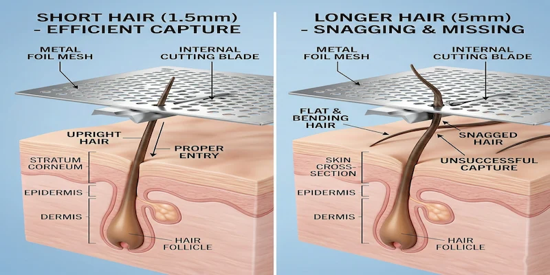 Ideal stubble length for electric shaving — Illustration comparing hair length at 1mm, 3mm, and 5mm against foil shaver slot depth