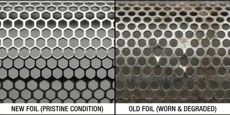 Worn electric shaver foil close-up — Macro comparison of new vs worn foil mesh showing edge degradation
