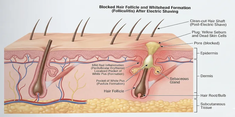 Clogged pores after electric shaving diagram — illustrative cross-section showing follicle blockage mechanism post-shaving
