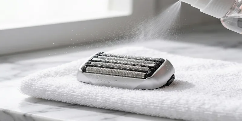 Cleaning electric shaver foil with alcohol spray to prevent bacterial whiteheads