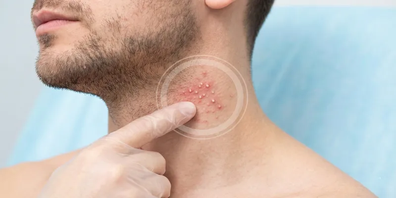 Applying liquid salicylic acid exfoliant to neck to unclog pores before shaving
