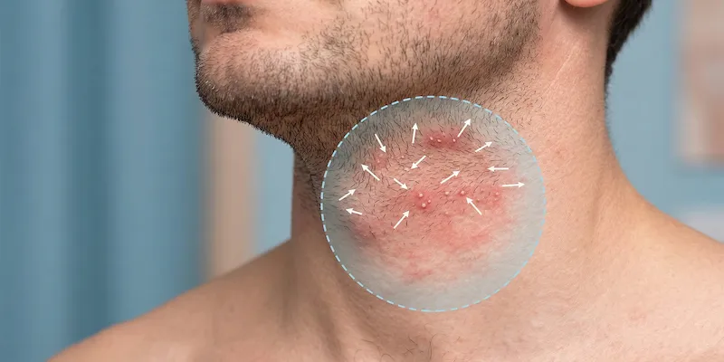 Electric shaver whiteheads neck irritation example — hero image showing neck irritation area with annotation