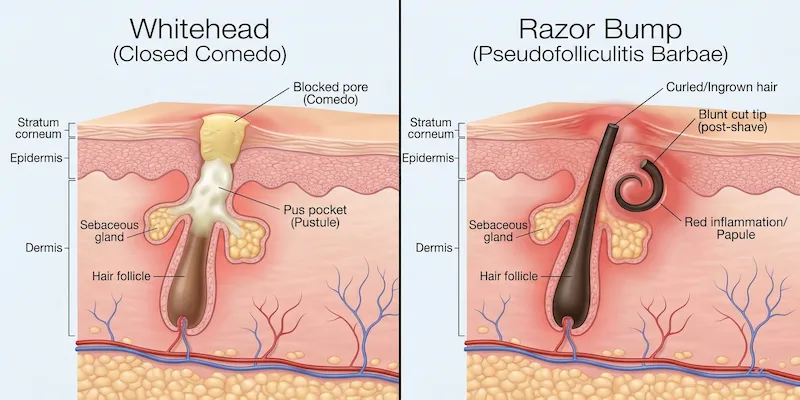 Difference between razor bumps and whiteheads on neck — comparison illustration showing ingrown hair vs clogged pore cross-section