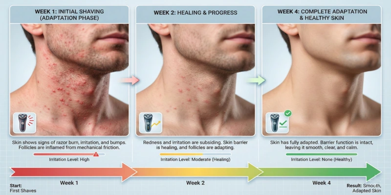 Electric shaving adjustment period timeline sensitive skin — Before/After illustration showing skin improvement from week 1 to week 4