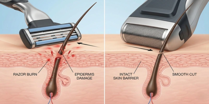 Razor vs electric shaver cutting mechanism for sensitive skin — Close-up diagram comparing blade cutting below skin vs electric foil cutting above skin level