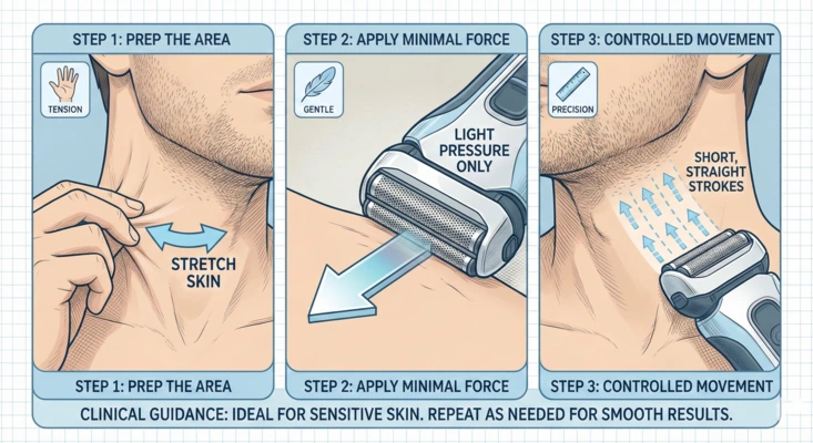 Proper electric shaving technique for sensitive skin — Illustration showing correct hand angle, light pressure, and short stroke direction