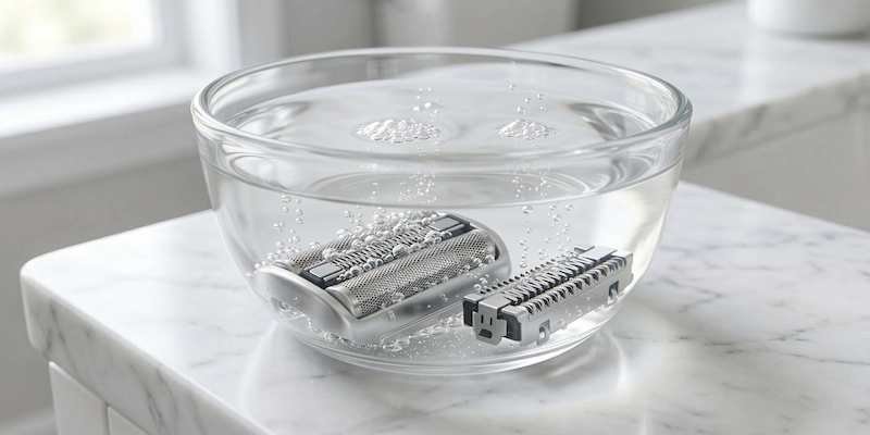 Electric shaver foil and blade block soaking in diluted white vinegar solution to dissolve limescale