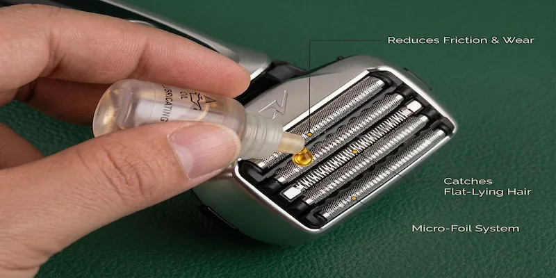 Applying a single drop of lubricating oil to a clean electric shaver foil before reassembling