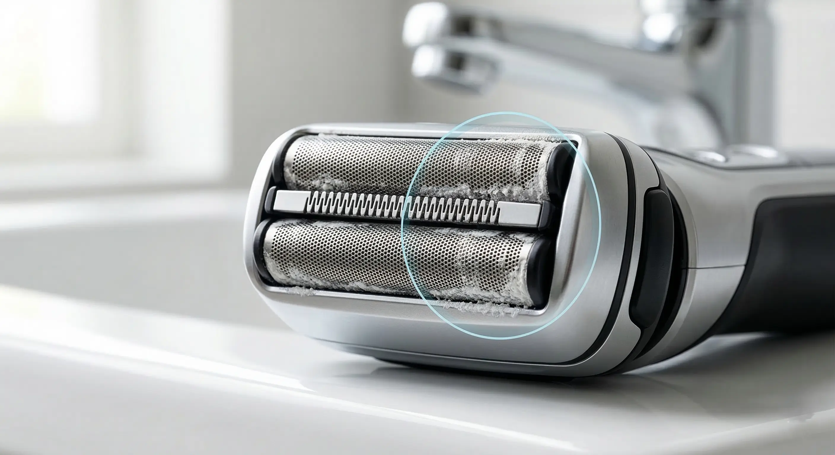 Hard water mineral deposits visible on electric shaver foil mesh and blade edges