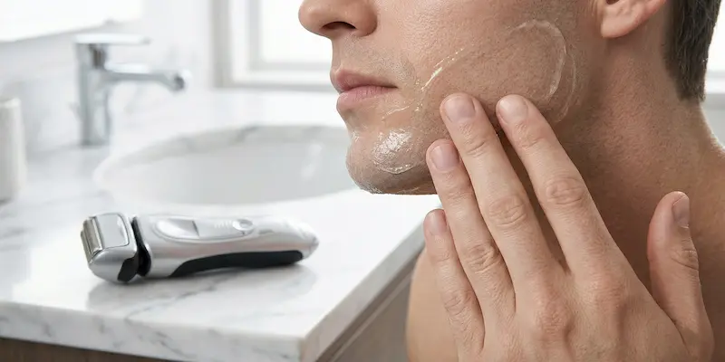 Applying pre-shave gel before electric shaving — hands applying thin layer of transparent gel to jawline before foil shaver use
