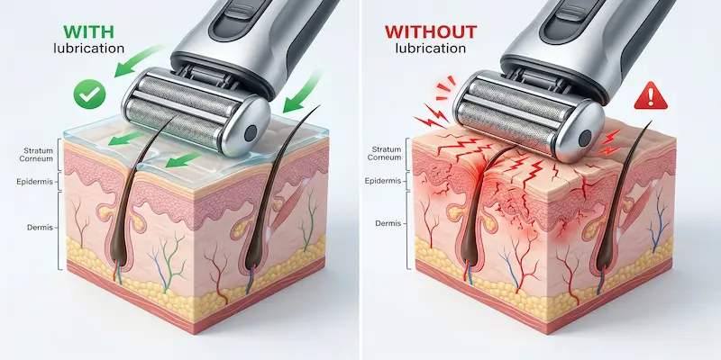 Friction reduction diagram electric shaving with vs without lubrication — side-by-side cross-section showing blade path with foam vs without