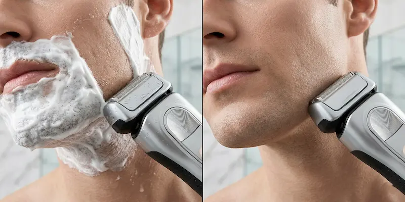 Wet vs dry electric shaving side-by-side — foil shaver with shaving foam on left, same shaver on dry skin on right