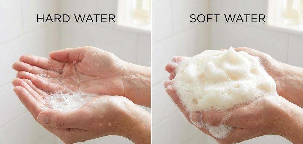 Shampoo foam comparison between hard water and soft water