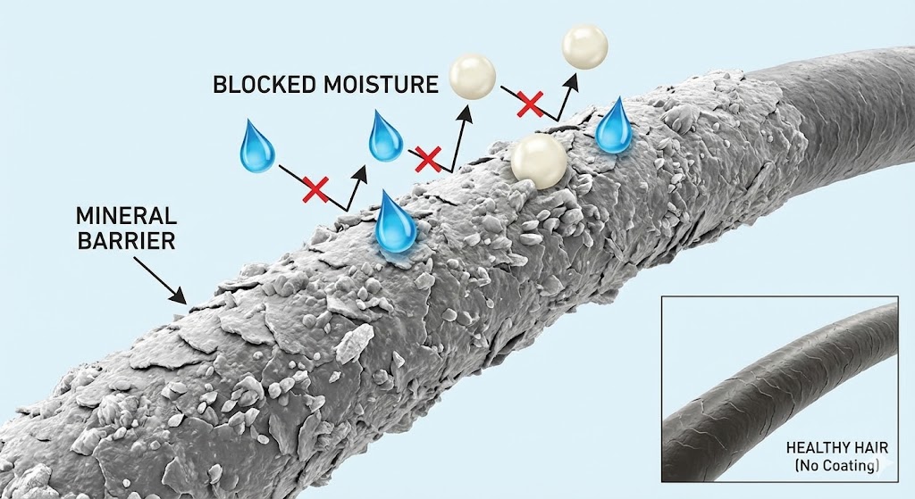 Hair cuticle with mineral buildup from hard water