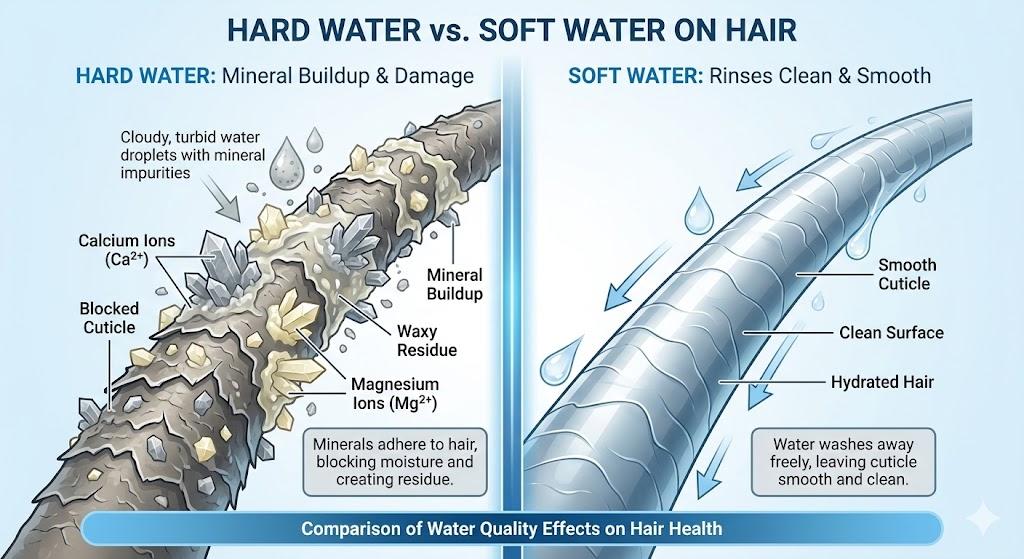 Diagram showing calcium and magnesium minerals attaching to a hair strand compared to soft water