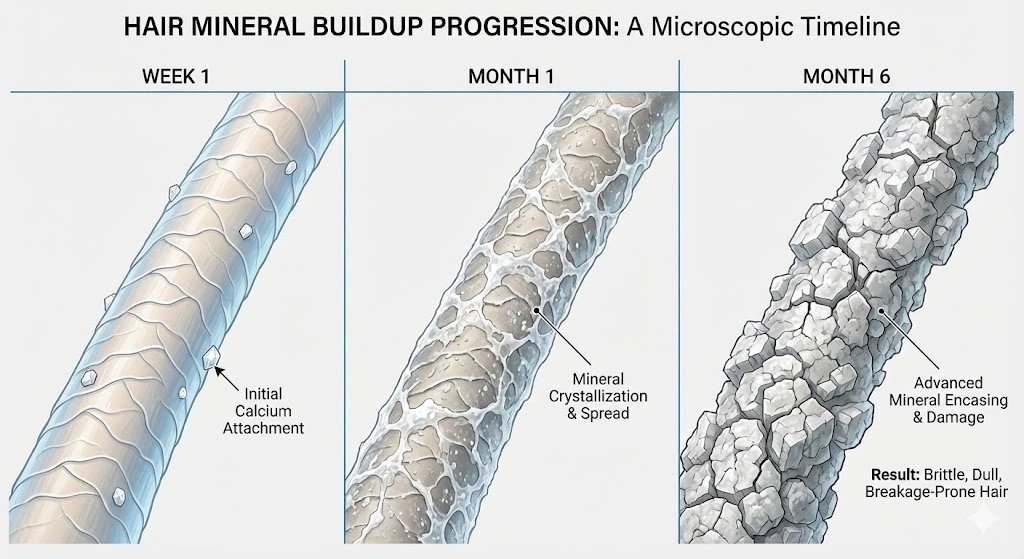 Hard water buildup accumulating on hair strand over time