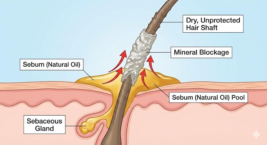 Hard water blocking natural scalp oils from traveling down hair