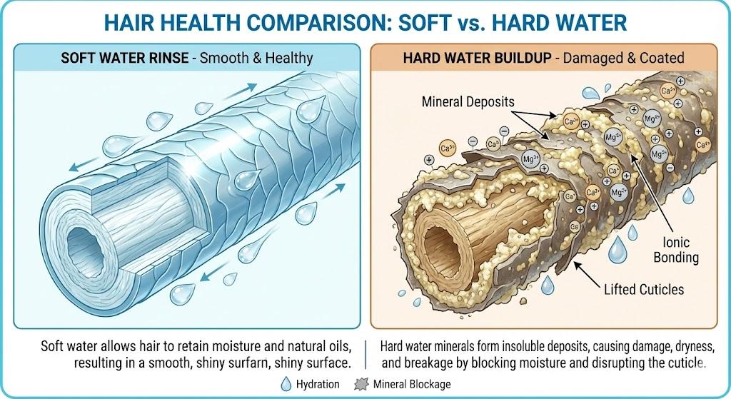 Hard water minerals coating hair shaft compared to smooth soft water rinse