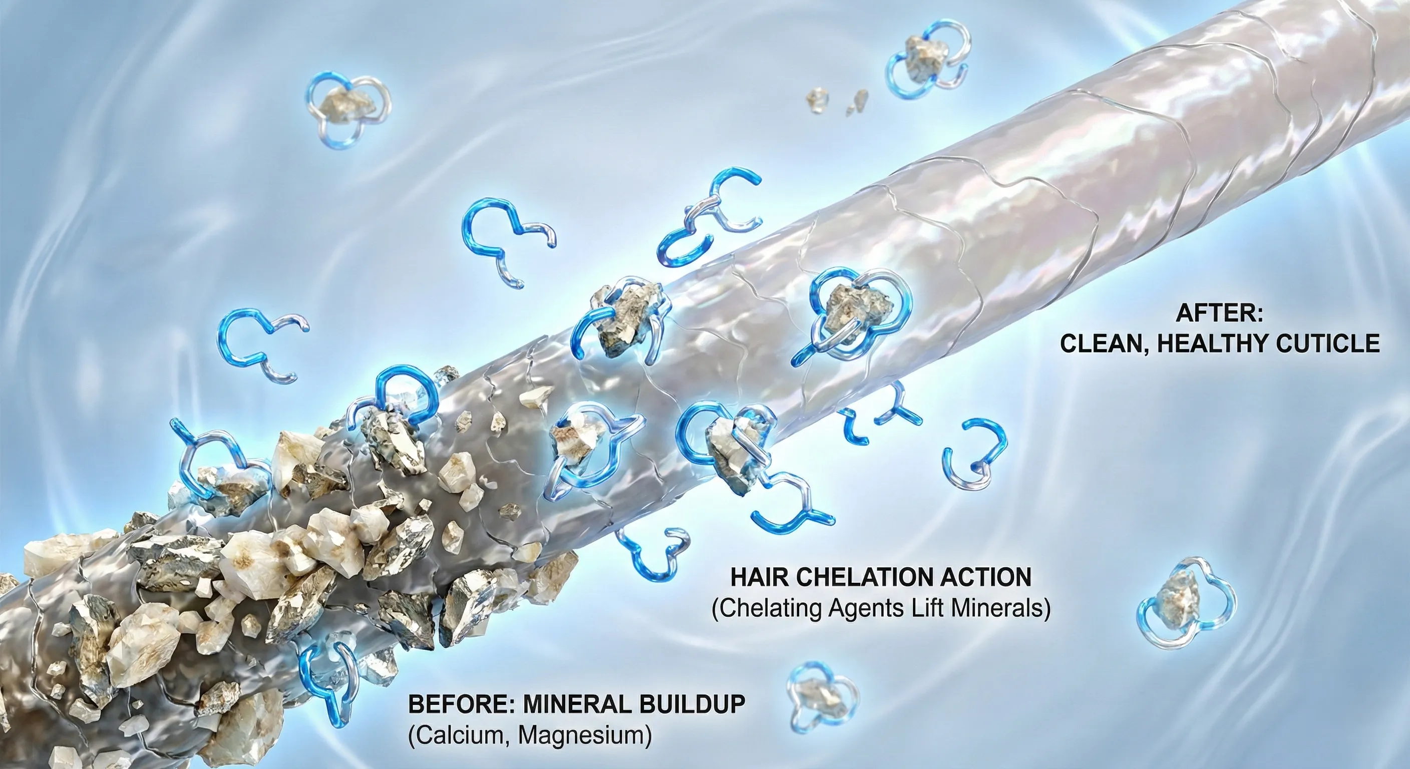 How chelating agents remove mineral buildup from hair shaft