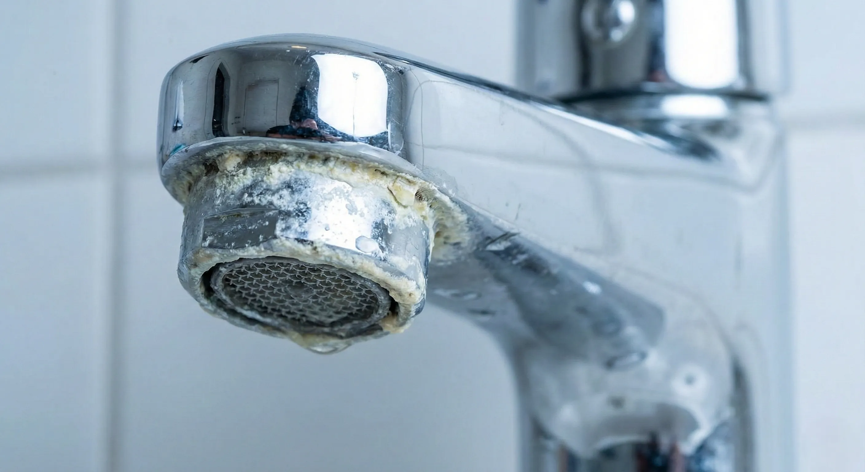 Hard water mineral deposits visible on fixtures also accumulate on hair