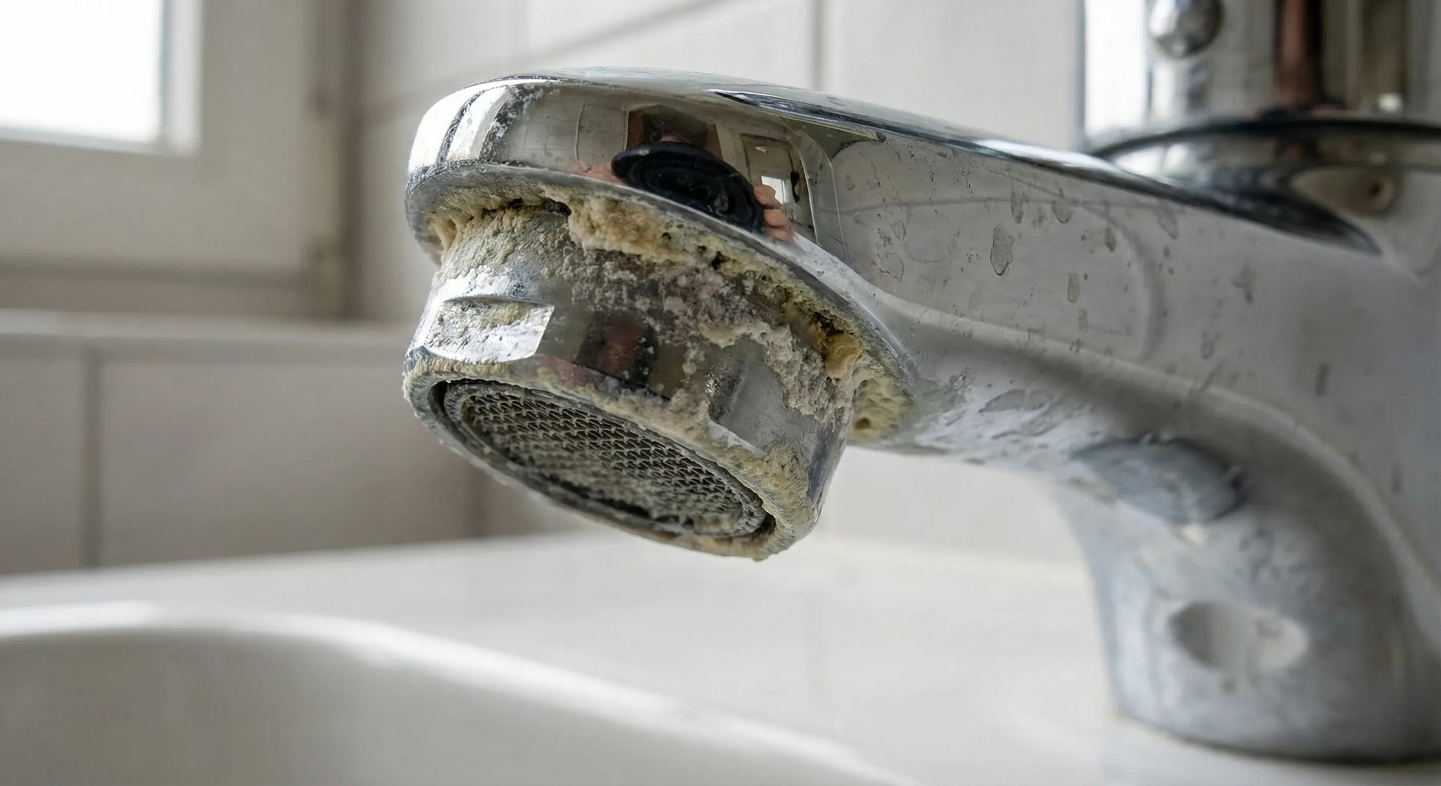 Hard water mineral buildup on bathroom fixtures