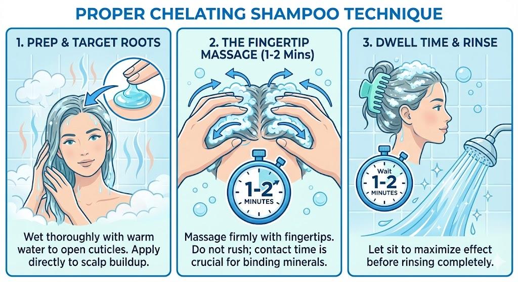 Step-by-step infographic showing proper chelating shampoo application technique