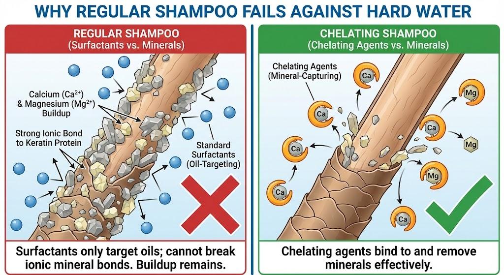 Comparison diagram showing regular shampoo vs chelating shampoo on mineral-coated hair