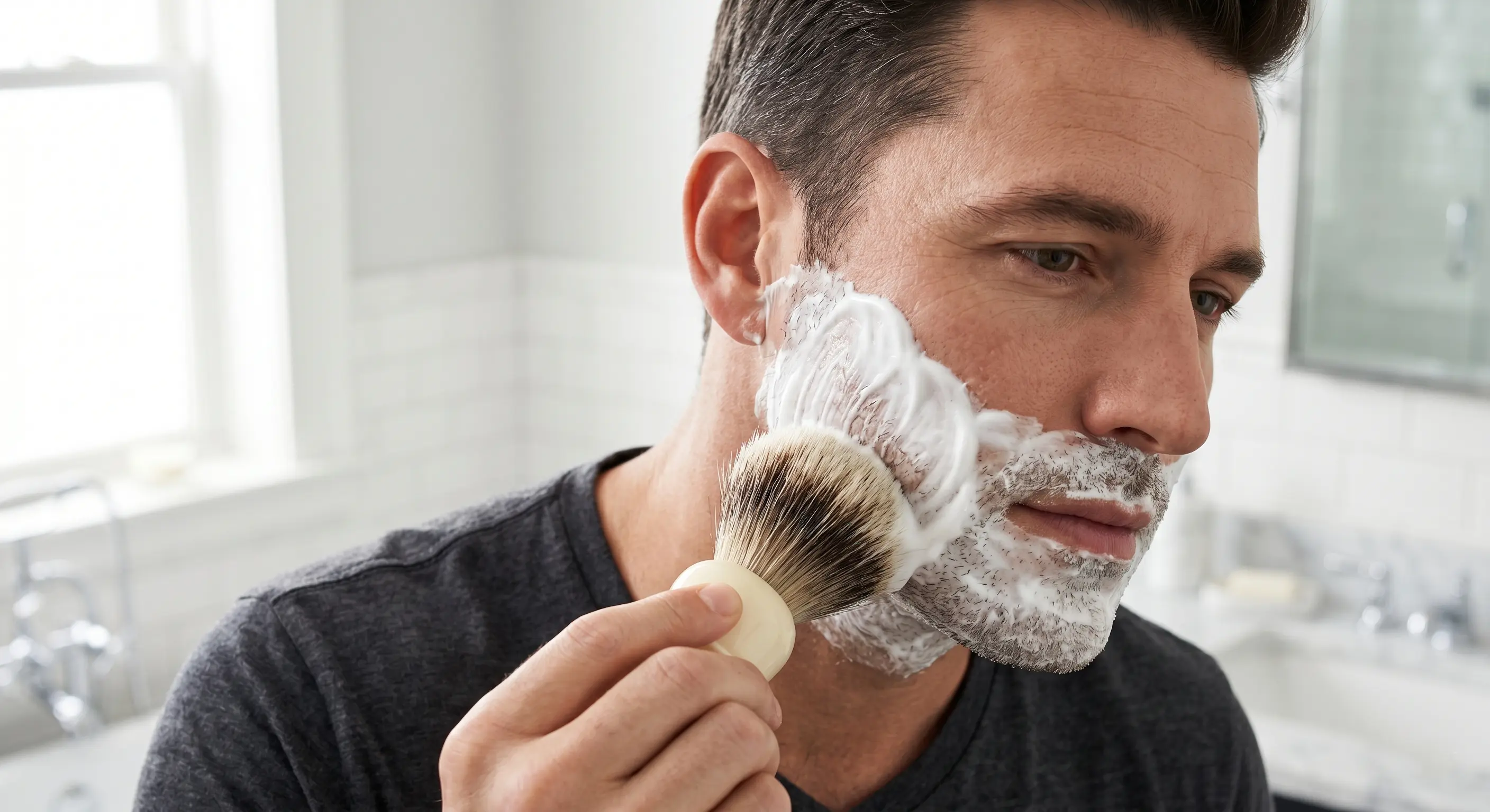 Close-up of a shaving brush loaded with thick, white, dense lather being applied to a face