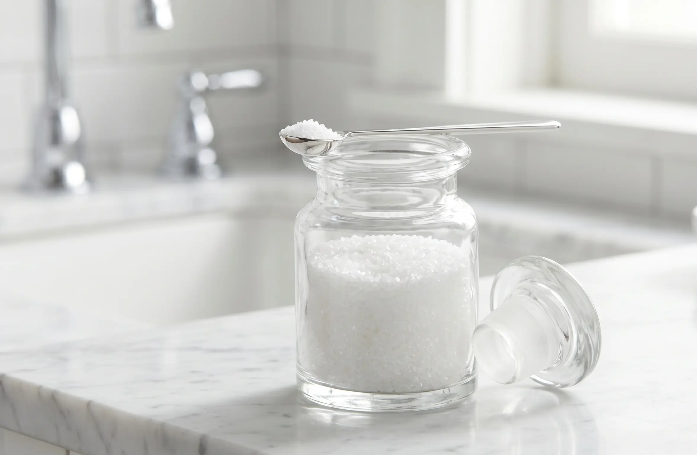 Small glass jar of white citric acid crystals with a measuring spoon on a bathroom counter