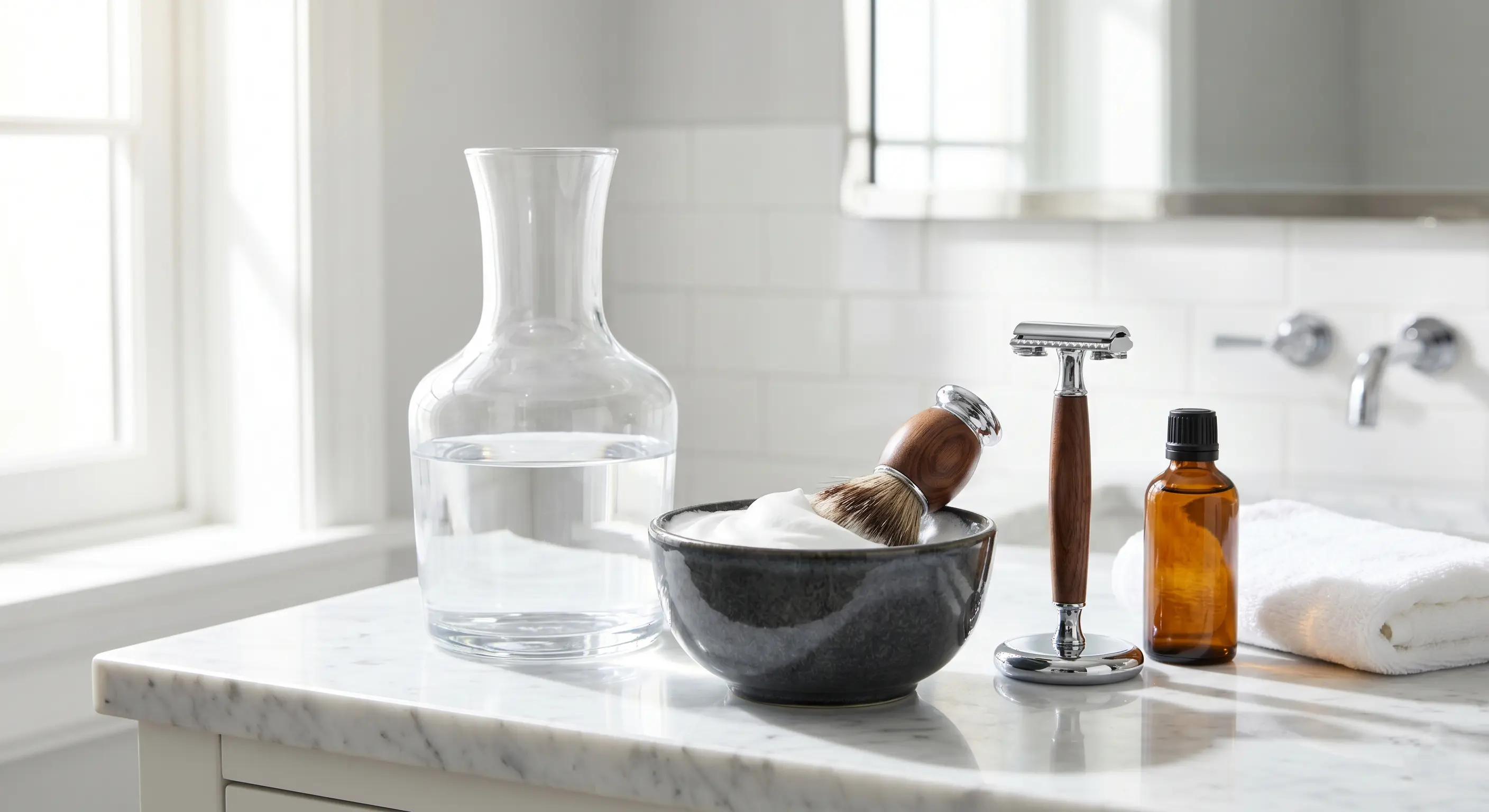 Distilled water bottle beside a shaving bowl and brush on a clean bathroom counter