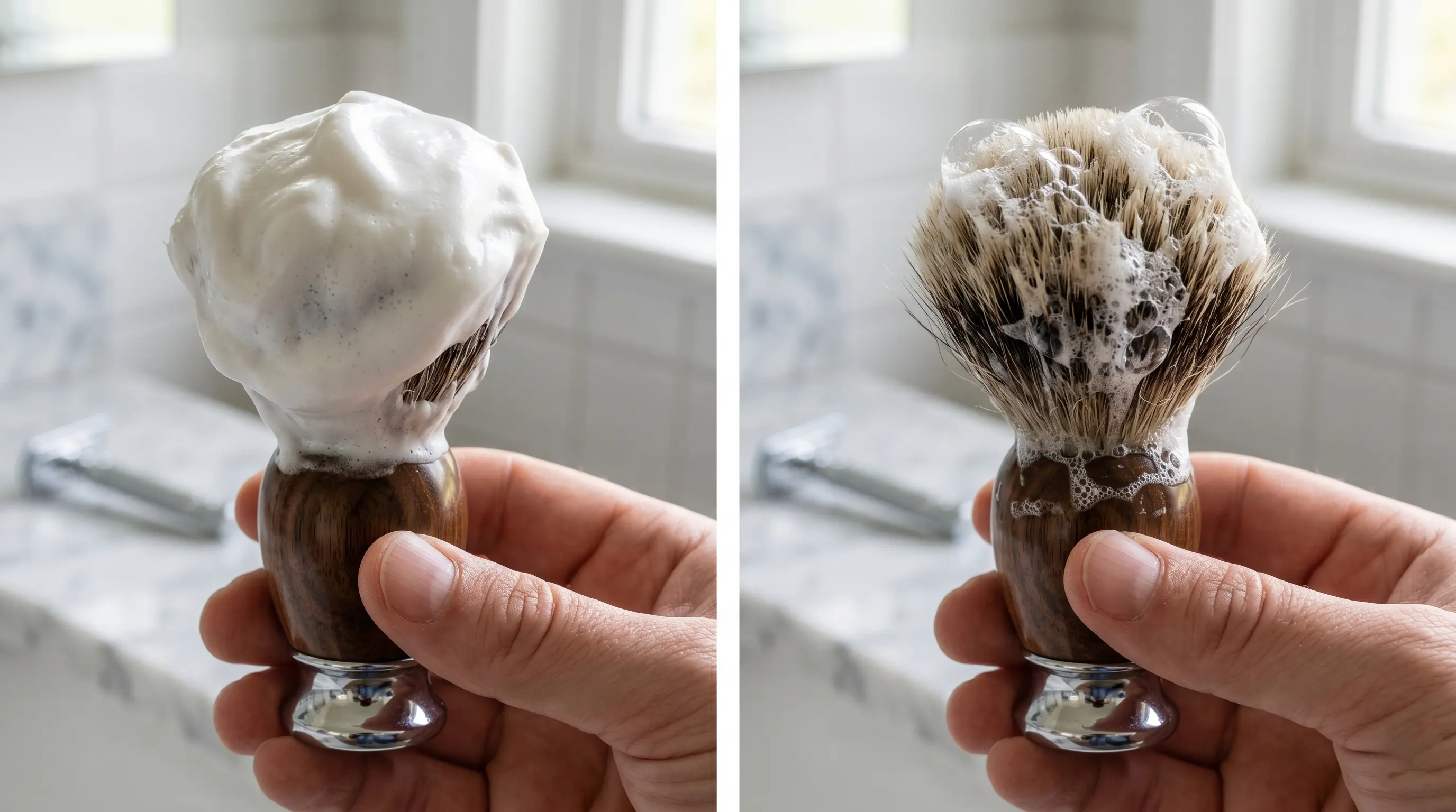 Comparison of rich shaving lather built with soft water (thick, glossy) vs. thin, collapsing lather from hard tap water