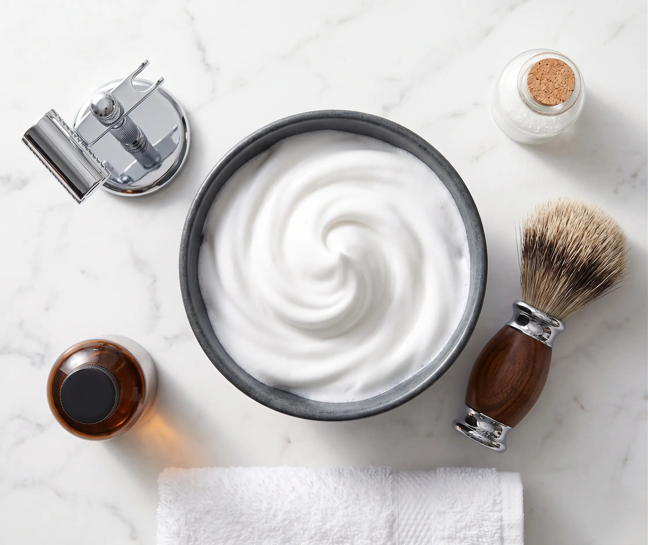 Overhead flat-lay of a shaving bowl containing finished rich lather next to a brush and citric acid container