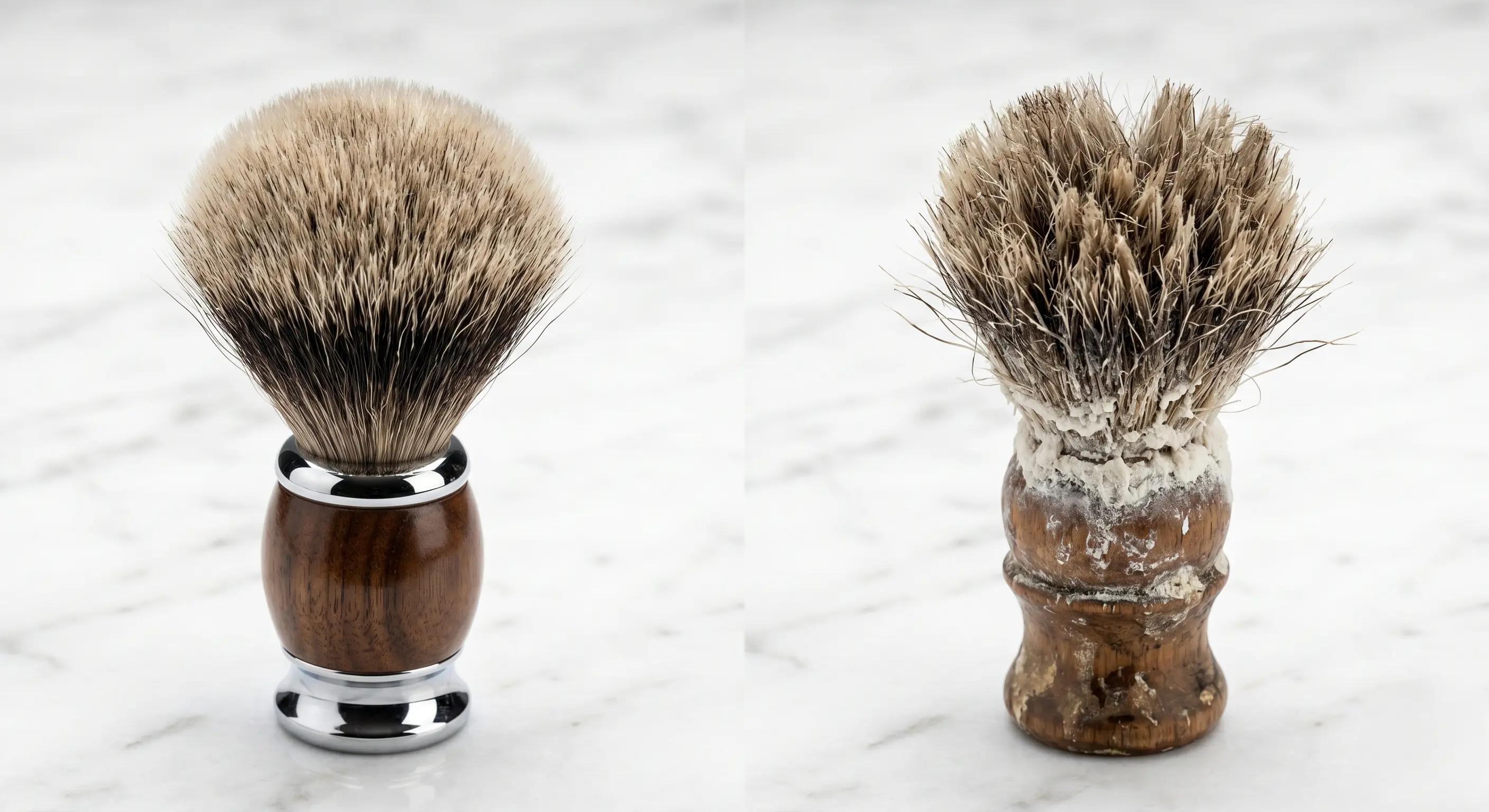 Shaving brush showing bristle damage caused by hard water mineral buildup compared to a well-maintained brush