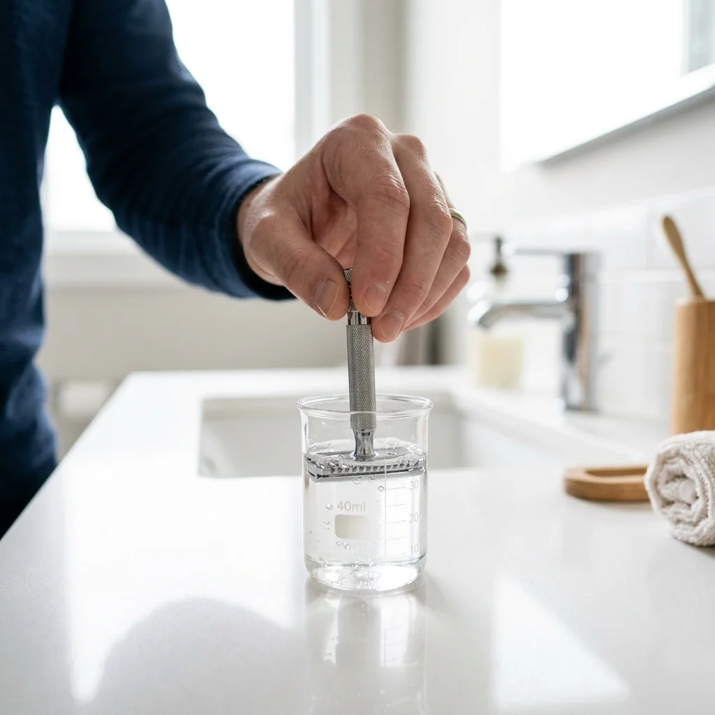 Safety razor head being dipped briefly into a small glass of isopropyl alcohol to displace hard water and prevent mineral deposits