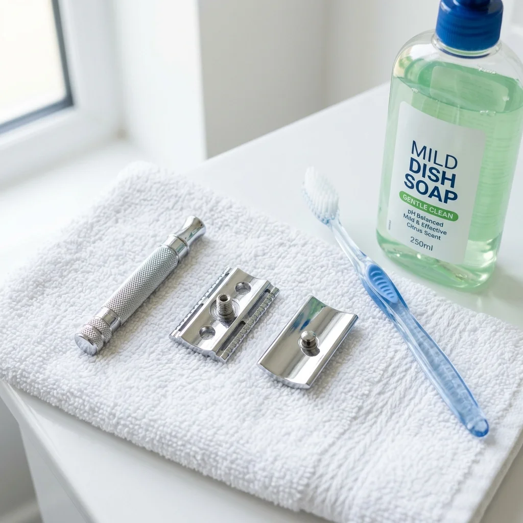 Disassembled safety razor with mild dish soap and soft toothbrush for safe hard water mineral buildup removal