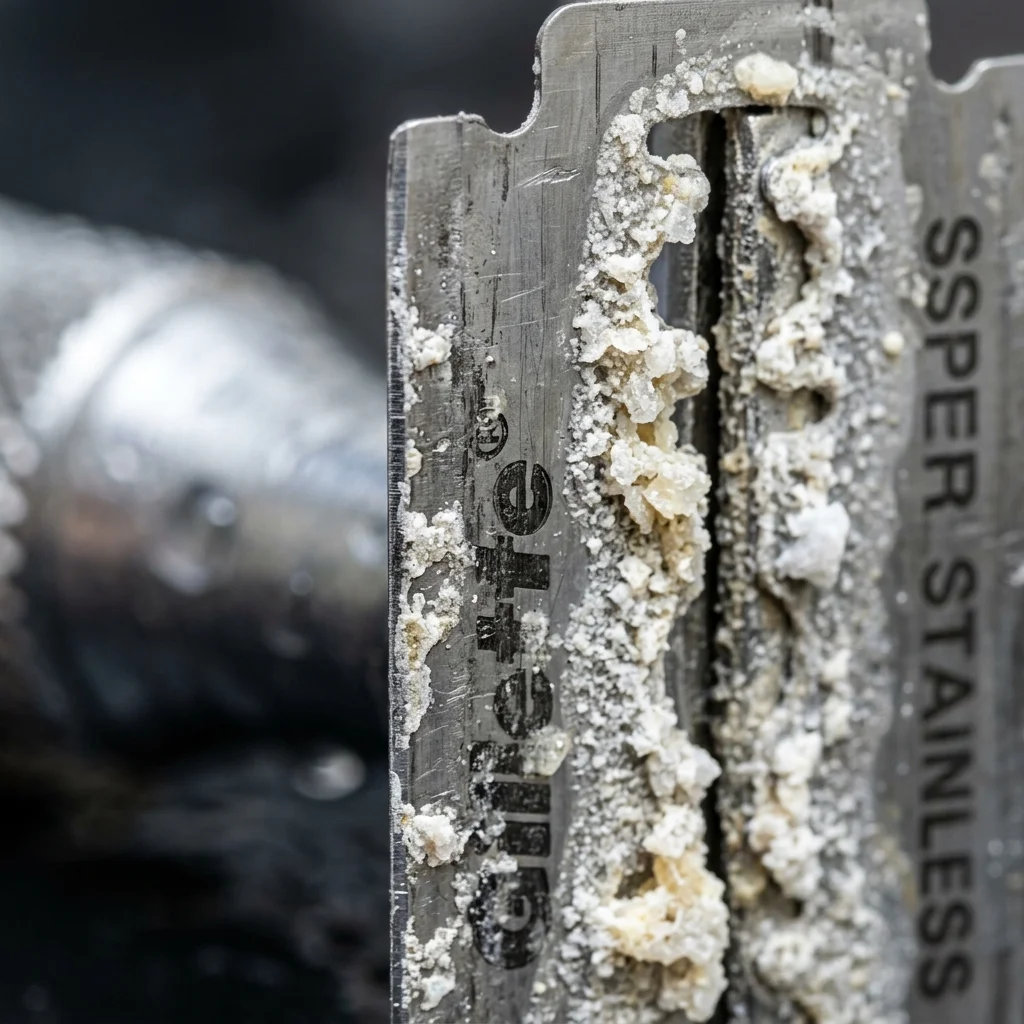 Macro close-up of a razor blade showing white crystalline mineral deposits and calcium buildup from hard water