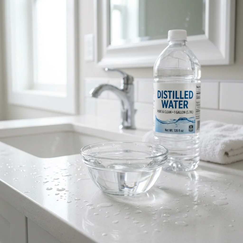 A cup of distilled water on a bathroom counter being used as a post-shave final rinse