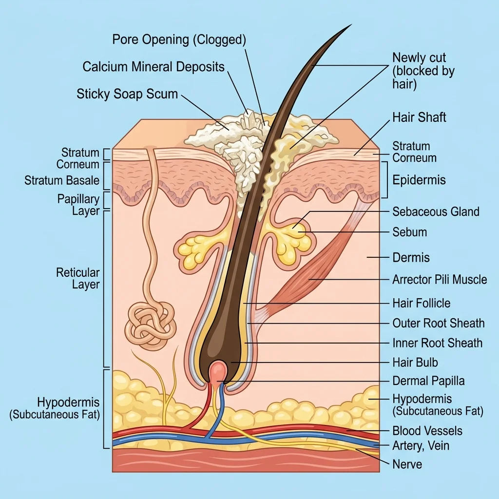 Cross-section diagram of a hair follicle showing soap scum and mineral residue clogging the pore opening after shaving with hard water