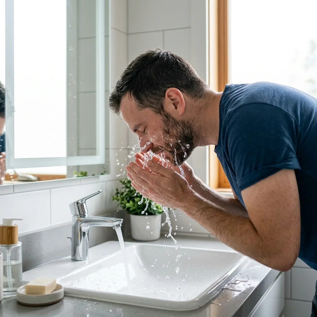 Man rinsing face at bathroom sink with proper technique for post-shave washing with hard water