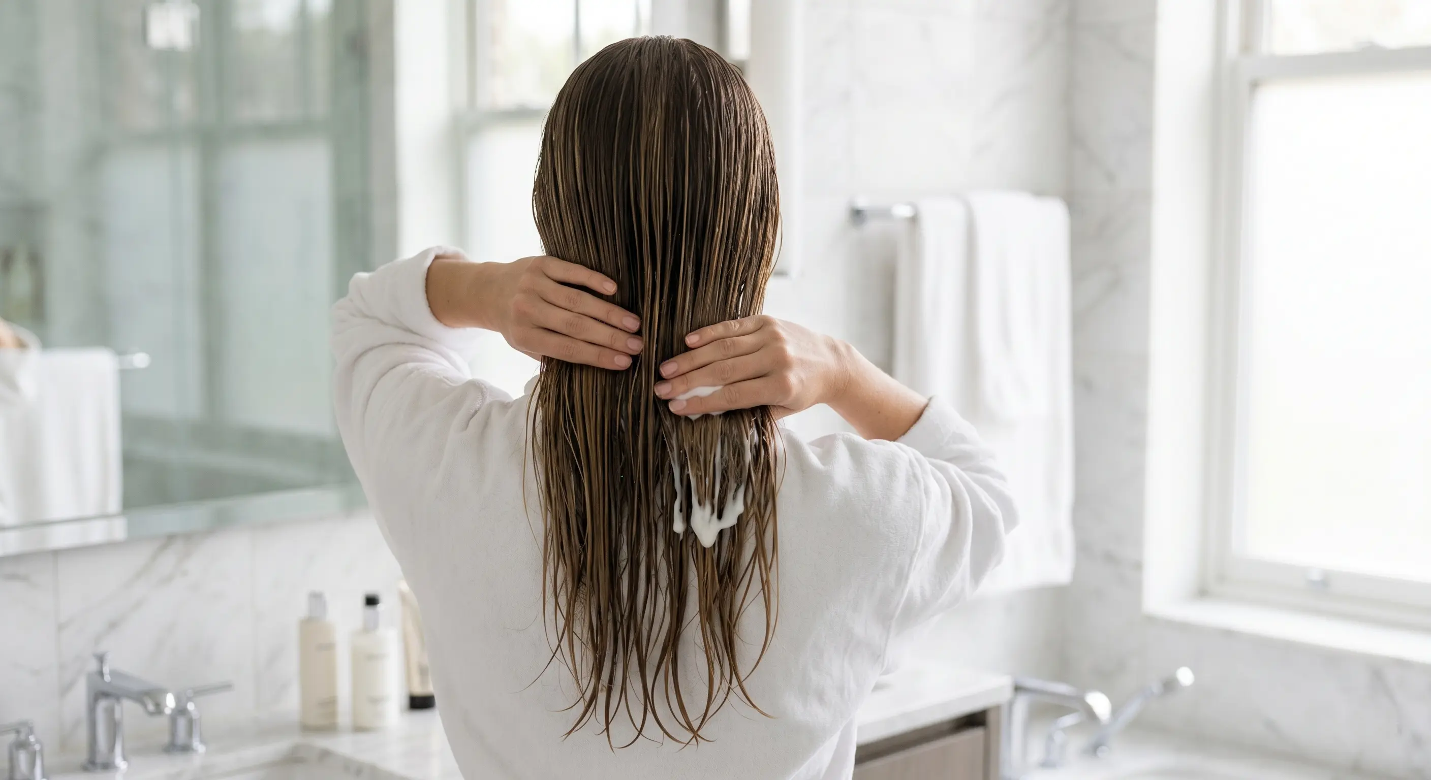 Applying conditioner strictly to the ends of wet hair to prevent greasy roots in soft water