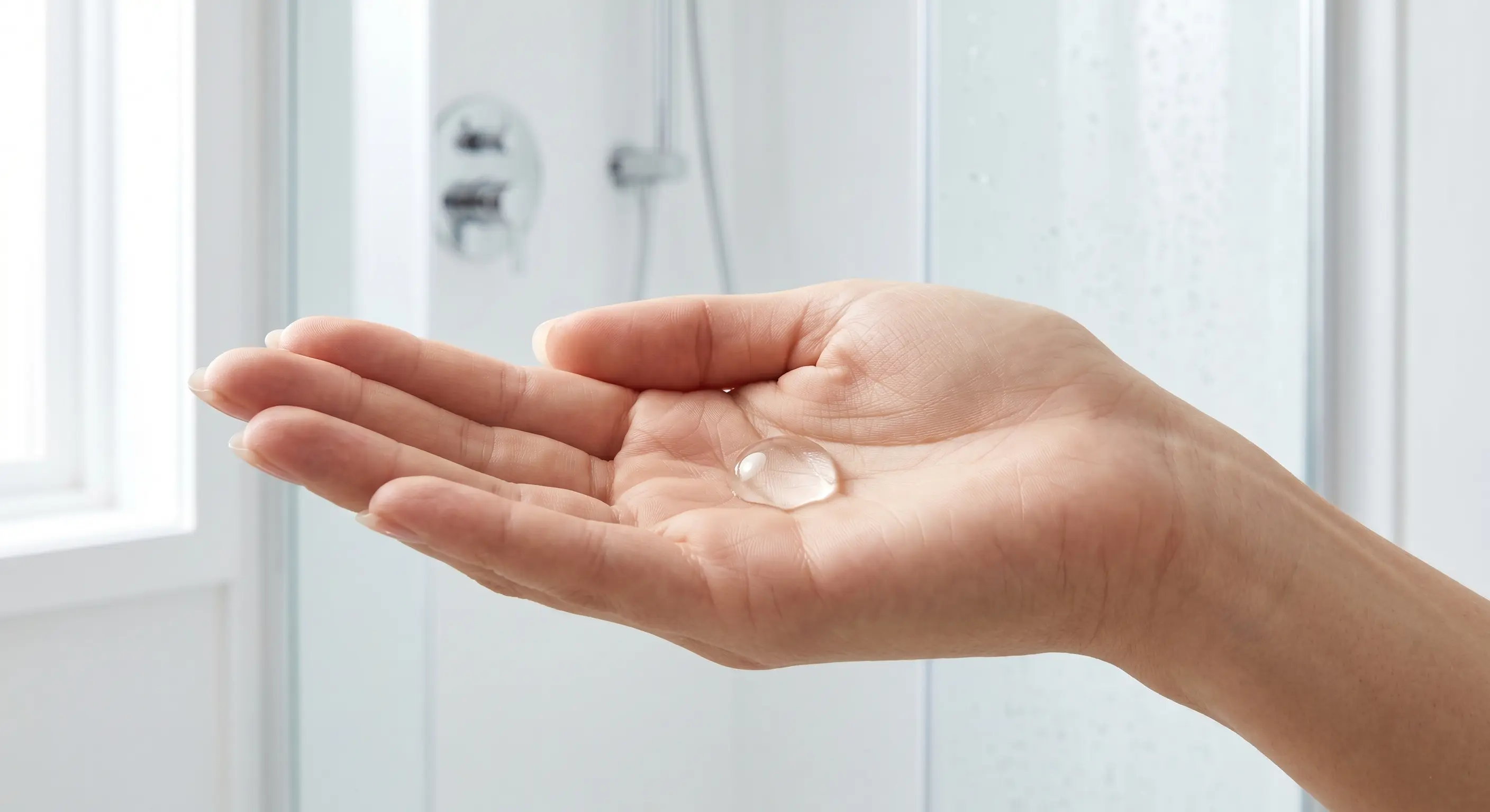 A tiny, dime-sized amount of clear shampoo in a hand, which is all you need for soft water